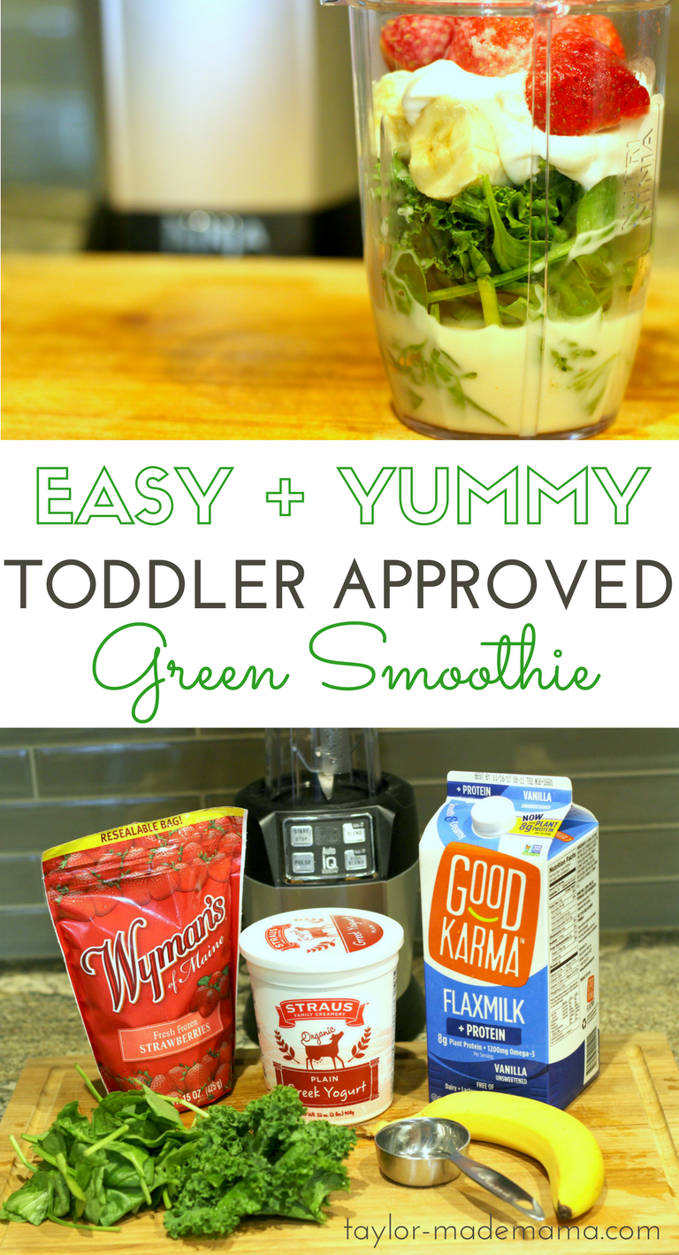 Easy toddler approved green smoothie recipe. Even your most picky eater will get the vegetables and nutrition they need with this yummy green smoothie.