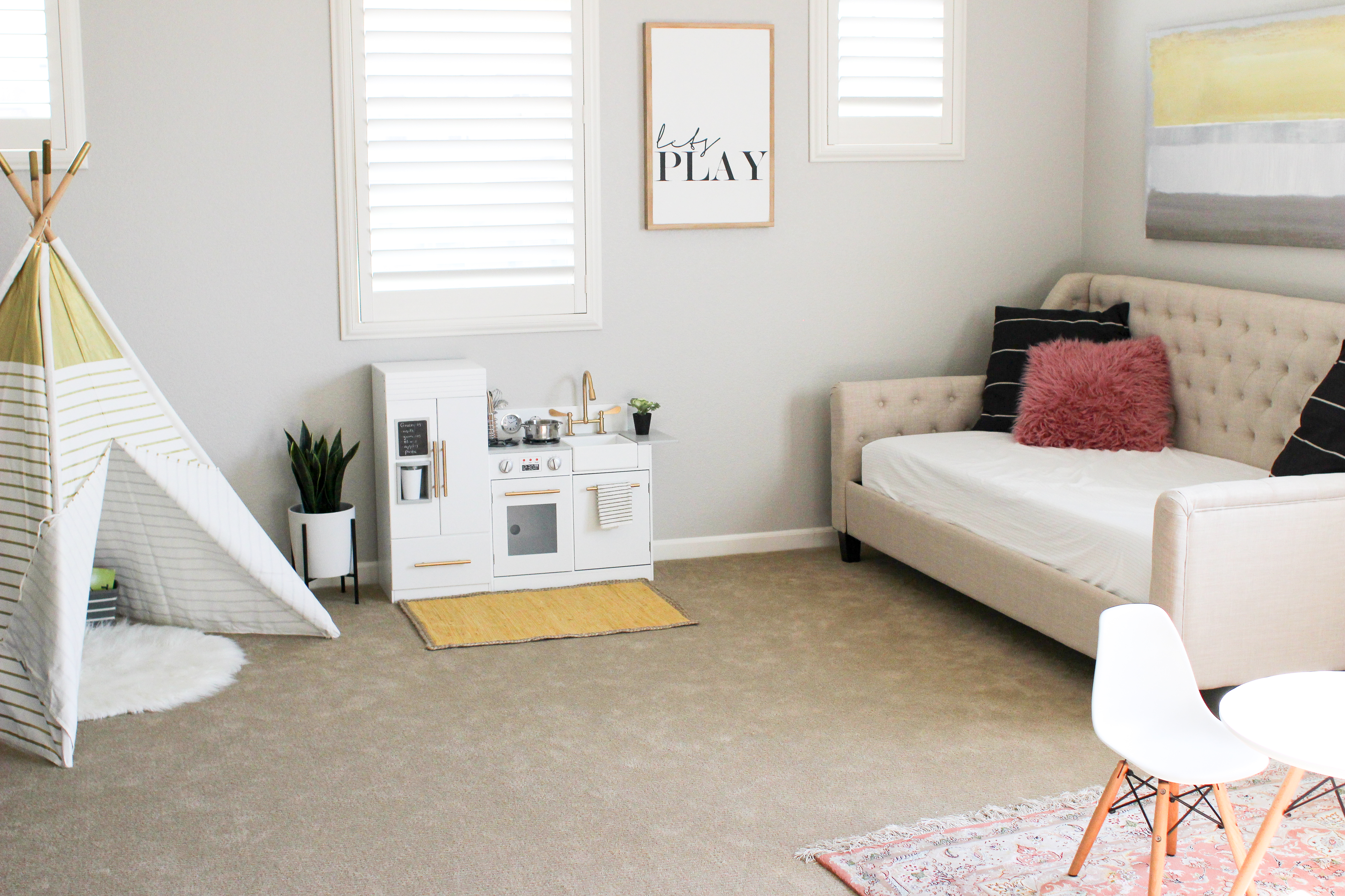 Modern. family-friendly playroom reveal. Modern Playroom Decor.