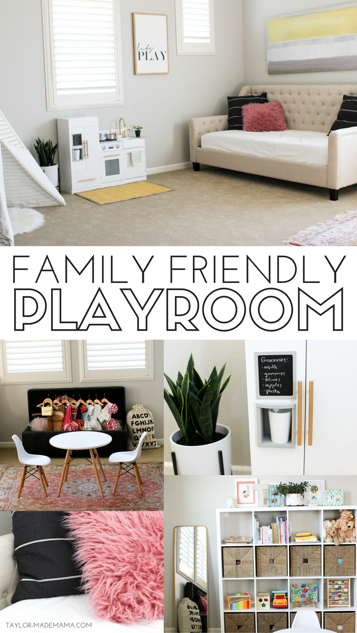 Modern, Family Friendly Playroom Reveal. Clean, Chic and family friendly playroom design. Gold accents. Playroom decor.